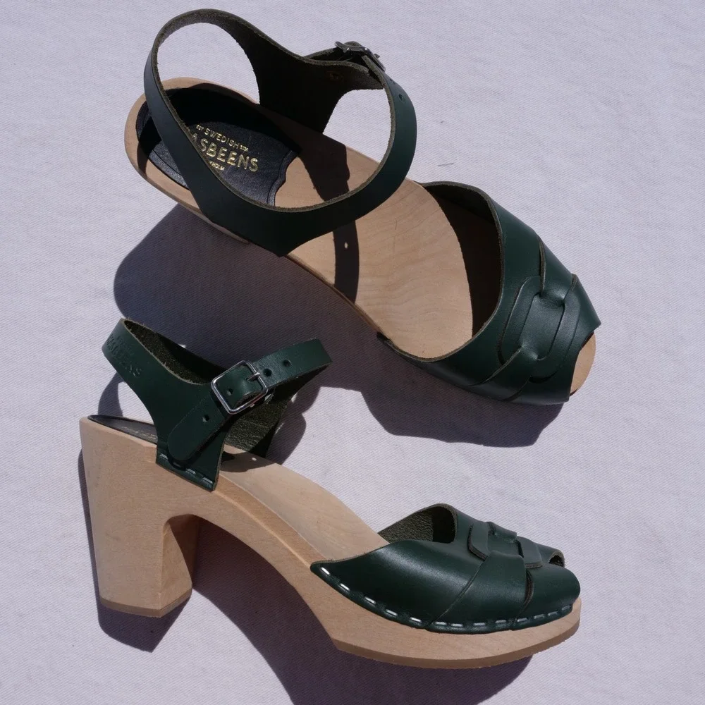Modern‎ Swedish Hasbeens green leather peep toe high wooden platform sandals